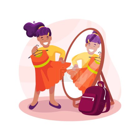 Ilustración de Dressing up isolated cartoon vector illustration. Girl dressing up for school in the morning, trying on clothes in front of mirror, people daily routine, kid going to study vector cartoon. - Imagen libre de derechos