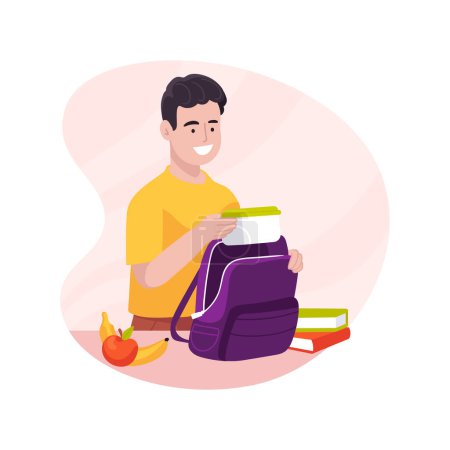 Téléchargez les illustrations : Putting things together isolated cartoon vector illustration. Kid putting lunch box in bag, family daily routine, going to school, morning preparations vector cartoon. - en licence libre de droit