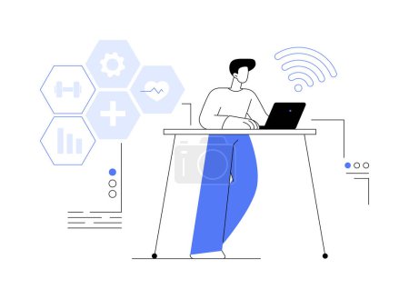 Illustration for Health-focused IOT desks abstract concept vector illustration. IOT office desk, body activity tracking, working efficiency, health-focused environment, employee well-being abstract metaphor. - Royalty Free Image