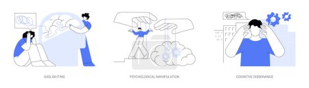 Mental abuse abstract concept vector illustration set. Gaslighting, psychological manipulation, cognitive dissonance, emotional blackmailing, social engineering, missing out abstract metaphor.