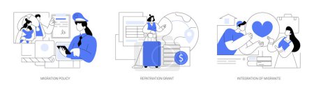 Illustration for Peoples resettling abstract concept vector illustration set. Migration policy, repatriation grant, integration of migrants, visa application form, border patrols control, job offer abstract metaphor. - Royalty Free Image