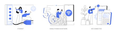 Illustration for Network infrastructure abstract concept vector illustration set. Ethernet technology, mobile phones 5G network, NFC connection, contactless card payment, fast internet coverage abstract metaphor. - Royalty Free Image