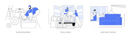 Téléchargez les illustrations : Moving company services abstract concept vector illustration set. Packing belongings, truck loading, large object moving, real estate business, packages transportation abstract metaphor. - en licence libre de droit