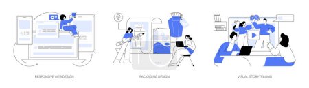 Illustration for Design services abstract concept vector illustration set. Responsive web design, packaging brand guidelines and logo, visual storytelling, UI and UX, website frontend development abstract metaphor. - Royalty Free Image