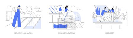 Illustration for Eco-friendly building abstract concept vector illustration set. Reflective roof coating, rainwater harvesting, green roof, rooftop garden, modern sustainable architecture abstract metaphor. - Royalty Free Image