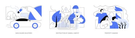 Téléchargez les illustrations : Wildfire consequences abstract concept vector illustration set. Man-caused wildfires, destruction of animal habitat, property damage, fire in forest, hot weather, climate change abstract metaphor. - en licence libre de droit