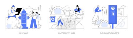 Téléchargez les illustrations : Wildfire prevention abstract concept vector illustration set. Fire hydrant, campfire safety rules, extinguisher at campsite, tourist safety, environmental problem prevention abstract metaphor. - en licence libre de droit