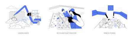 Illustration for Recycling plant abstract concept vector illustration set. Loading waste, recycling plant conveyor, robotic picking, dump truck collecting garbage, reduce recycling reuse program abstract metaphor. - Royalty Free Image