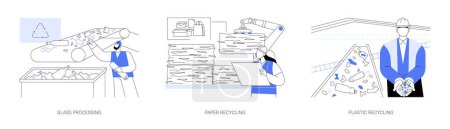 Illustration for Recycled materials abstract concept vector illustration set. Glass processing, paper and plastic recycling, waste and rubbish management, recycling plant, planet saving abstract metaphor. - Royalty Free Image