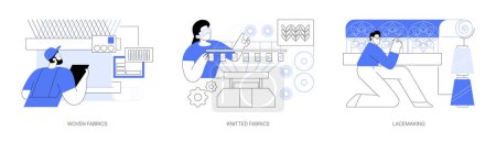 Téléchargez les illustrations : Textile manufacturing abstract concept vector illustration set. Woven and knitted fabrics, lacemaking factory, tricot clothing, knitting machine, tricot clothing and knitwear abstract metaphor. - en licence libre de droit