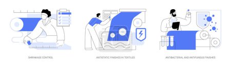 Téléchargez les illustrations : Fabrics chemical treatment abstract concept vector illustration set. Shrinkage control, antistatic finishes in textiles, applying antibacterial and antifungus fiber protection abstract metaphor. - en licence libre de droit