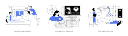 Illustration for Xray medical examination abstract concept vector illustration set. Diagnostic radiography, head and neck radiology, fractures diagnosis, patient with broken bone in hospital abstract metaphor. - Royalty Free Image