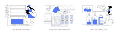 Téléchargez les illustrations : Farm products processing abstract concept vector illustration set. Fruit and vegetable import, canned vegetables production, tomato sauce and ketchup manufacturing abstract metaphor. - en licence libre de droit