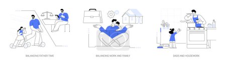 Illustration for Happy family abstract concept vector illustration set. Balancing father time, work and family balance, dads and housework, time together, chores at home, time management abstract metaphor. - Royalty Free Image