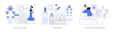 Illustration for Medical cannabis abstract concept vector illustration set. Medical marijuana, hemp seed oil, distribution of hemp products, cancer pain relief, sativa plant pharmacy, CBD oil use abstract metaphor. - Royalty Free Image