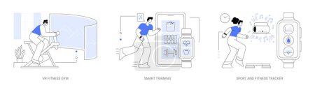 Illustration for New fitness technology abstract concept vector illustration set. VR fitness gym, smart training system, sport and fitness tracker, activity band, health monitor, interactive workout abstract metaphor. - Royalty Free Image