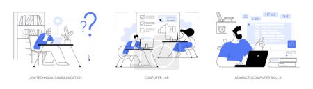 Illustration for Computer skills requirement abstract concept vector illustration set. Low-technical communication, computer Lab, advanced skills, IT learning, devices for older people, laboratory abstract metaphor. - Royalty Free Image