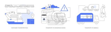 Illustration for Cargo logistics abstract concept vector illustration set. Container transportation, transport of dangerous goods and animals, ship loading, hazard classes, slaughterhouse abstract metaphor. - Royalty Free Image