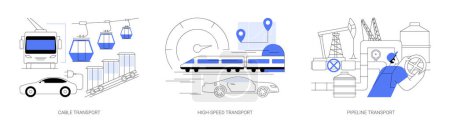 Illustration for Transport modes abstract concept vector illustration set. Cable transport, high-speed and pipeline transport, trolleybus carrying tourists, ski slopes, railway station platform abstract metaphor. - Royalty Free Image