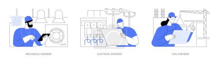 Commercial engineering abstract concept vector illustration set. Mechanical engineer, general electrical contractor in helmet, civil engineer planning, construction maintenance abstract metaphor.