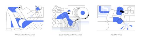 Téléchargez les illustrations : Underground utility installation abstract concept vector illustration set. Water mains installation, electric cables, welding pipes, excavation work, data cables, telecommunication abstract metaphor. - en licence libre de droit