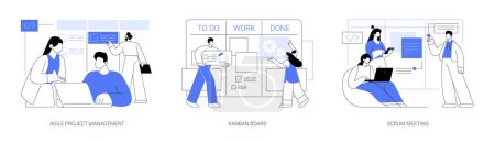 Illustration for Software development planning abstract concept vector illustration set. Agile project management, kanban board, stand up scrum meeting in office, manage IT project, teamwork abstract metaphor. - Royalty Free Image