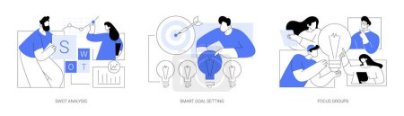 Business-Analyse-Instrumente abstraktes Konzept Vektor Illustration Set. SWOT-Analyse, SMART-Zielsetzung, Fokusgruppen, IT-Unternehmensteam, Projektmanagement, Brainstorming abstrakte Metapher.