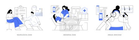 Illustration for General health check-up abstract concept vector illustration set. Neurological and abdominal exams in hospital, annual skin check-up, primary care physician, illness diagnostic abstract metaphor. - Royalty Free Image