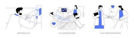 Téléchargez les illustrations : Emergency room abstract concept vector illustration set. Intravenous line, vital signs monitoring, pulse oximeter monitoring, anesthesiology critical care, saline solution abstract metaphor. - en licence libre de droit