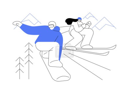Téléchargez les illustrations : Sports extrêmes d'hiver concept abstrait illustration vectorielle. Compétition de sports d'hiver extrêmes, magasin d'équipement de ski et de snowboard, station de montagne, activité de plein air, métaphore abstraite du cavalier pro. - en licence libre de droit