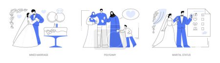 Illustration for Legal status abstract concept vector illustration set. Mixed marriage, polygamy, marital status, multiracial family, persons relationship, different races and religions, wedding abstract metaphor. - Royalty Free Image
