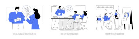 Illustration for Disability communication abstract concept vector illustration set. Sign language conversation, silent speech classes, assistive hearing device, hand alphabet, deaf people abstract metaphor. - Royalty Free Image