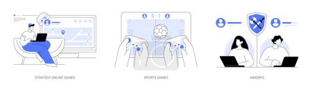 Illustration for Playing computer games abstract concept vector illustration set. Strategy online games, digital sports championship, online multiplayer, internet browser, gaming app, championship abstract metaphor. - Royalty Free Image