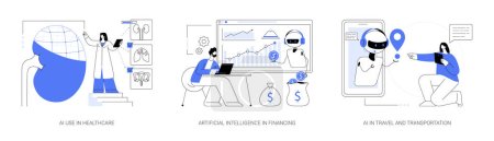 Machine learning in industry abstract concept vector illustration set. AI use in healthcare and financing, artificial intelligence in travel and transportation, smart booking abstract metaphor.