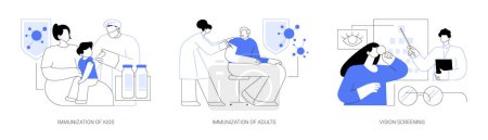 Téléchargez les illustrations : Health protection abstract concept vector illustration set. Immunization of kids and adults, vision screening, family doctor vaccinates a child in walk-in clinic, eye exam abstract metaphor. - en licence libre de droit