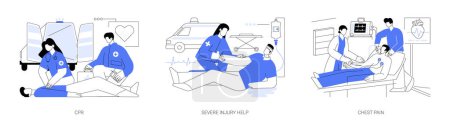 Téléchargez les illustrations : First aid in emergency situations abstract concept vector illustration set. CPR, severe injury in accident, chest pain, paramedics help, bleeding patient, heartburn disease abstract metaphor. - en licence libre de droit