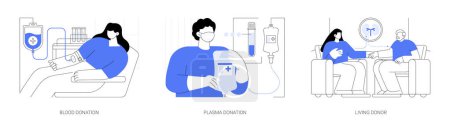 Illustration for Volunteer donation abstract concept vector illustration set. Blood and plasma donation in hospital, living donor, charity project, kidney transplantation, emergency room abstract metaphor. - Royalty Free Image