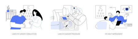 LASIK surgery abstract concept vector illustration set. Laser eye surgery consultation and procedure, eye sight improvement, correct nearsightedness, farsightedness and astigmatism abstract metaphor.