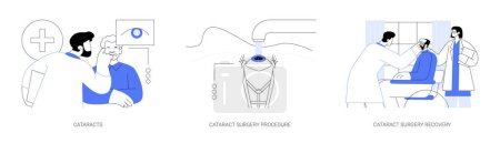 Illustration for Cataract eye surgery abstract concept vector illustration set. Cataracts surgery procedure and patients recovery, cloudy lens, blurry vision, LASIK operation, ophthalmology help abstract metaphor. - Royalty Free Image