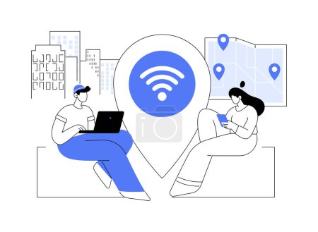 Illustration for Public wi-fi hotspot abstract concept vector illustration. City center Wi-Fi, hotspot map, free wireless access, public open internet, network service, find connection spot abstract metaphor. - Royalty Free Image