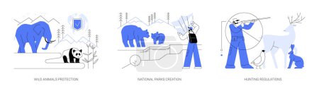 Illustration for Wildlife preservation abstract concept vector illustration set. Wild animals protection, national parks creation, hunting regulations, hiking trail, shooting limit, ecosystem abstract metaphor. - Royalty Free Image