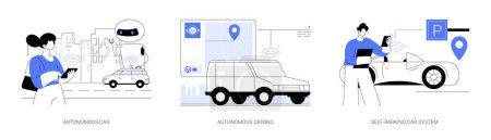 Illustration for Autonomous vehicle abstract concept vector illustration set. Autonomous car driving, self-parking car system, test-drive, future transport system, smart technology, robotic vehicle abstract metaphor. - Royalty Free Image