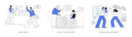 Illustration for Family needs and communication abstract concept vector illustration set. Breadwinner, conflict of generations, dependant family member, disabled parent, freelance work, businessman abstract metaphor. - Royalty Free Image