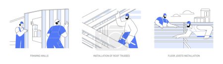 Illustration for Rough carpentry in residential building abstract concept vector illustration set. Framing walls, installation of roof trusses, floor joists, construction process, hire contractor abstract metaphor. - Royalty Free Image