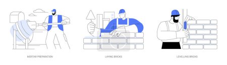 Masonry in private house building abstract concept vector illustration set. Mortar preparation, laying and levelling bricks, brickwork and block work, hire contractor abstract metaphor.