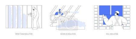Private house insulation abstract concept vector illustration set. Spray foam insulation, blown-in insulation material, glass wool roll, residential area construction abstract metaphor.