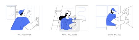 Illustration for Walls decoration abstract concept vector illustration set. Wall preparation, install wallboards, laying ceramic tiles, room decoration, interior works, construction company service abstract metaphor. - Royalty Free Image