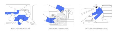 Illustration for Plumbing services abstract concept vector illustration set. Installing plumbing fixtures, sinks and toilets, bathtub and shower installation in a new apartment, interior works abstract metaphor. - Royalty Free Image