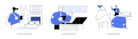 Illustration for Safety checks in airport abstract concept vector illustration set. Luggage screening, airport customs, drug detection, security scanner, passport control, commercial air transport abstract metaphor. - Royalty Free Image