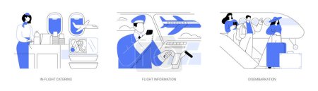 Illustration for On the plane abstract concept vector illustration set. In-flight catering, flight attendant offers food and drinks, pilot talking to passengers, disembarkation airport abstract metaphor. - Royalty Free Image
